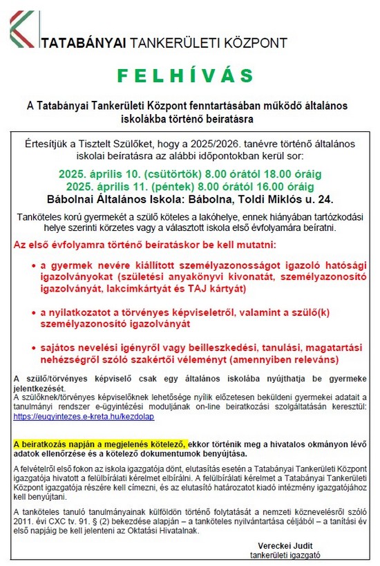 Beiskolázás 2025/2026. tanév
